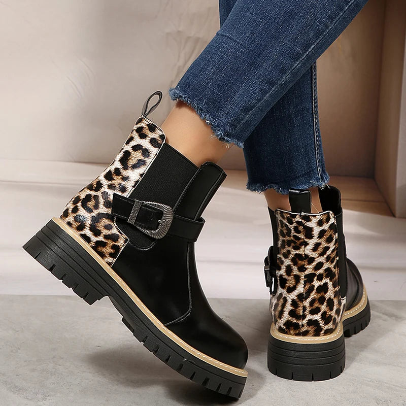 Fashion Buckle Platform Chelsea Boots Women Slip On Pu Leather Leopard Print Ankle Boots Woman Plus Size 36-43 Thick Sole Botas