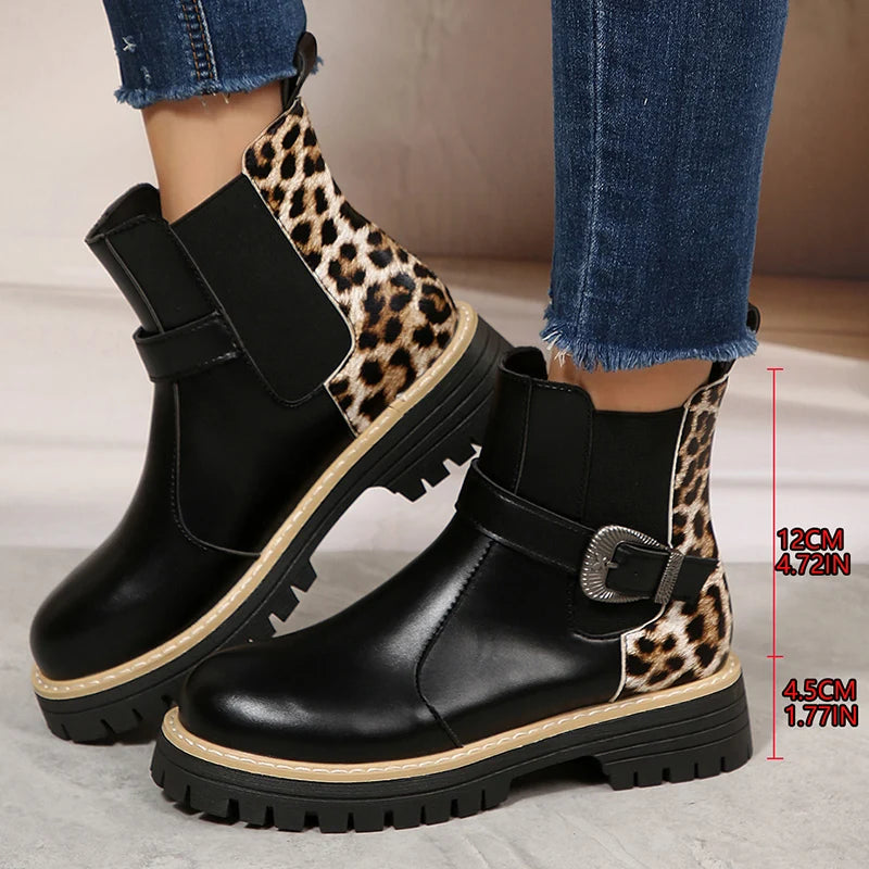 Fashion Buckle Platform Chelsea Boots Women Slip On Pu Leather Leopard Print Ankle Boots Woman Plus Size 36-43 Thick Sole Botas