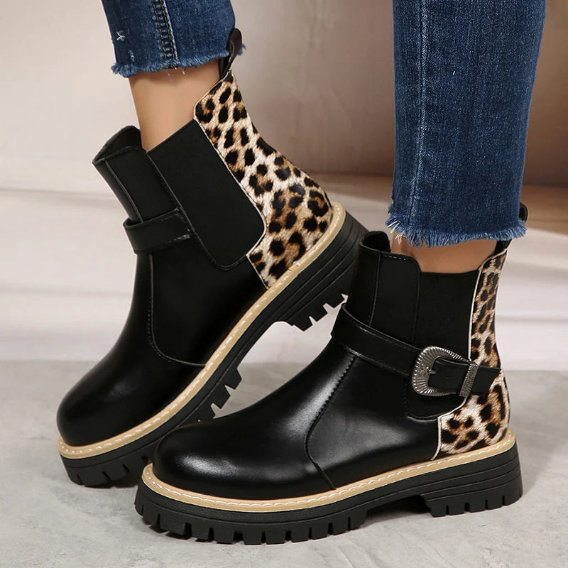 Fashion Buckle Platform Chelsea Boots Women Slip On Pu Leather Leopard Print Ankle Boots Woman Plus Size 36-43 Thick Sole Botas