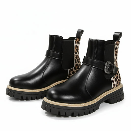Fashion Buckle Platform Chelsea Boots Women Slip On Pu Leather Leopard Print Ankle Boots Woman Plus Size 36-43 Thick Sole Botas